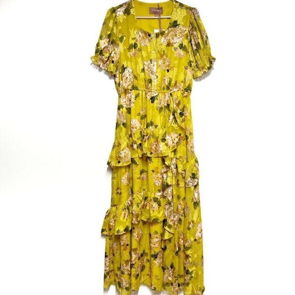 NWT Jessakae Sarahan Dream Dress Yellow floral ruffle maxi Sz L - Picture 4 of 9